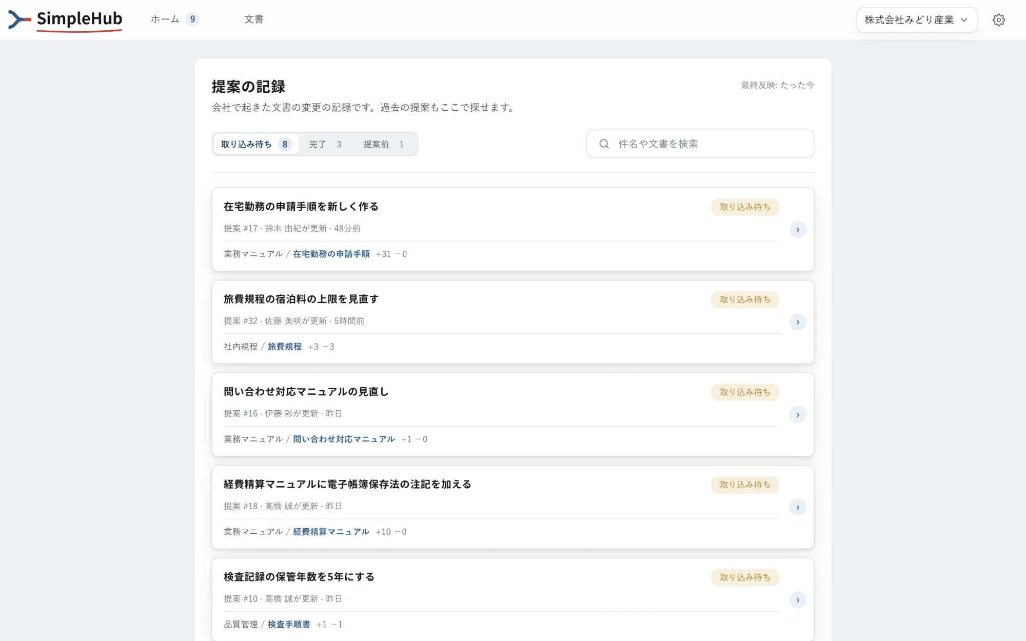 提案の一覧。対応中・完了・作業中の内訳